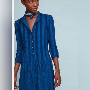 The Odells Sonia Blue Stripe Drop Waist Linen Shirt Dress